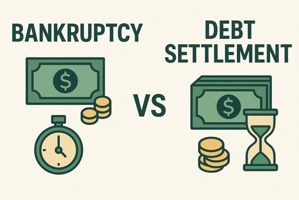 Image comparing bankruptcy with a dollar bill, coins, and a stopwatch to debt settlement with a money stack, coins, and an hourglass, symbolizing shorter vs. longer resolution times.