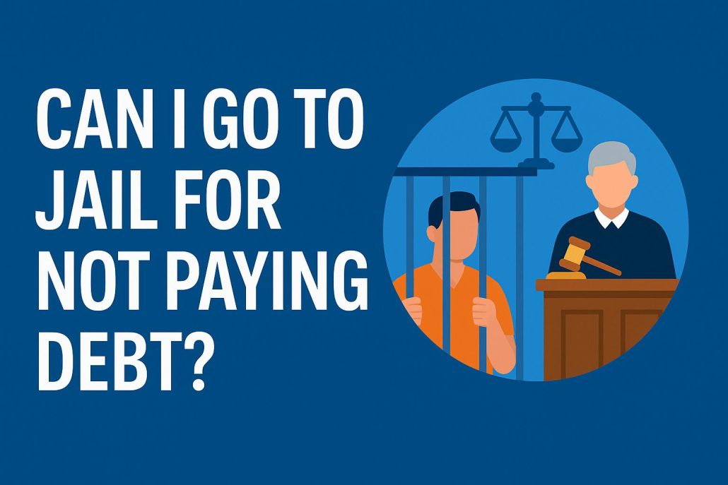 Illustration of a person in an orange jumpsuit behind bars next to a judge and justice scale, with bold text asking "Can I Go to Jail for Not Paying Debt?"