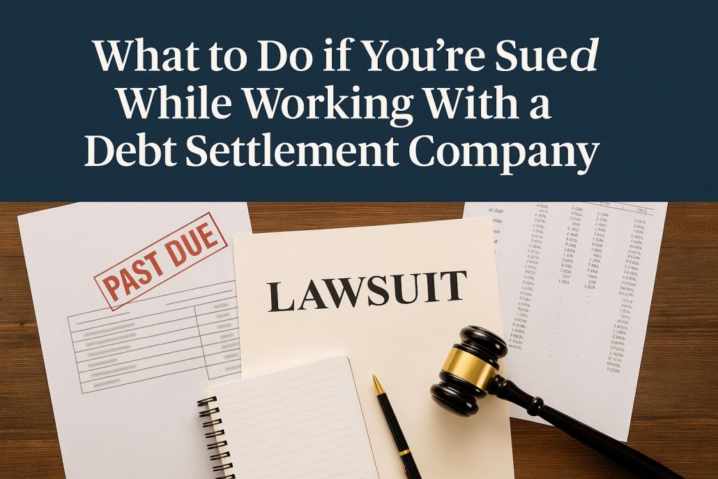 Lawsuit paperwork, past due notice, and gavel on desk under blog title “What to Do if You’re Sued While Working With a Debt Settlement Company.”