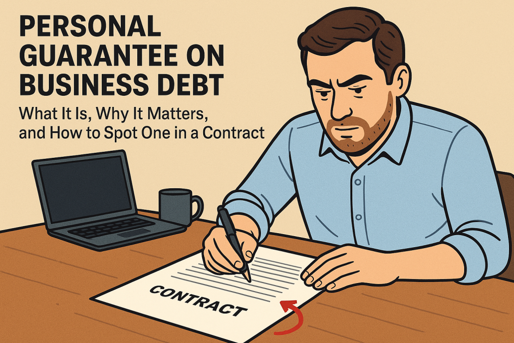 Cartoon-style image of a business owner signing a contract with a red arrow pointing to personal guarantee clause