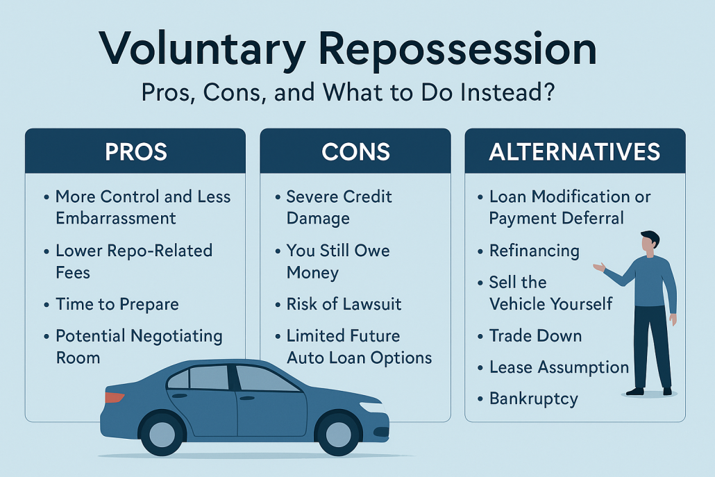 Horizontal infographic titled “Voluntary Repossession: Pros, Cons, and What to Do Instead?” with three columns listing pros, cons, and alternatives.