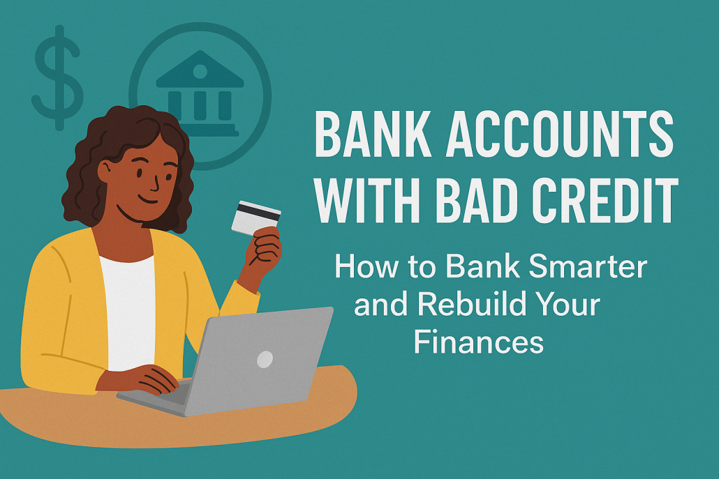 Illustration of a confident woman in a yellow cardigan holding a credit card and using a laptop, with bank and dollar icons behind her, alongside the text “Bank Accounts with Bad Credit – How to Bank Smarter and Rebuild Your Finances” on a teal background.