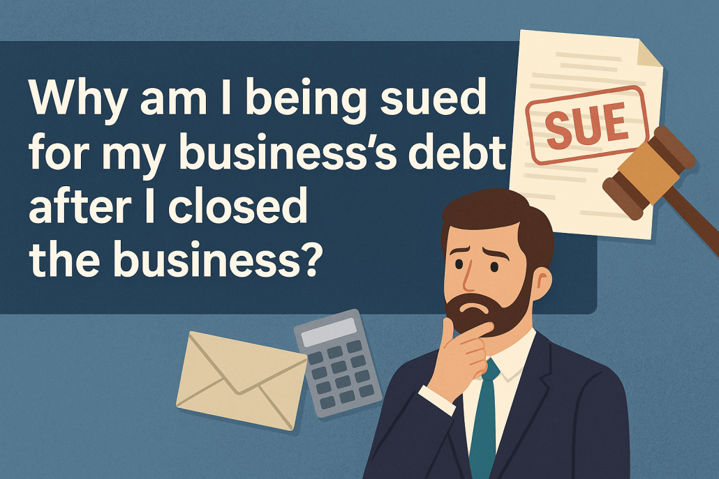 Illustration of a worried businessman with lawsuit papers stamped 'SUE,' a gavel, envelope, and calculator, highlighting business debt liability after closure. He looking worried about why he is being sued for a business debt after he closed his company.