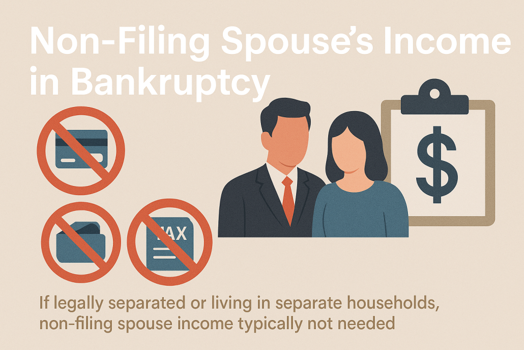 Horizontal infographic with a couple, dollar sign clipboard, and icons showing “no joint debts, no joint finances, no taxes together,” explaining that non-filing spouse's income is counted in bankruptcy even if there are no joint debts, no joint tax returns, or joint finances.