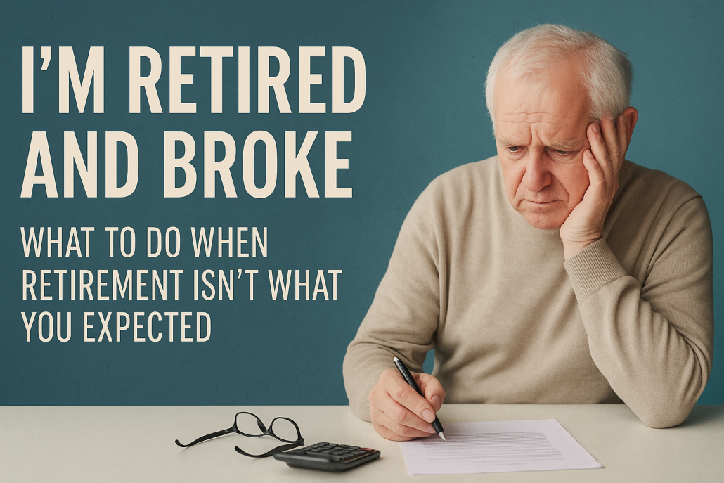 Elderly man looking concerned while reviewing finances at a table, with the headline "I'm Retired and Broke – What to Do When Retirement Isn't What You Expected" beside him.
