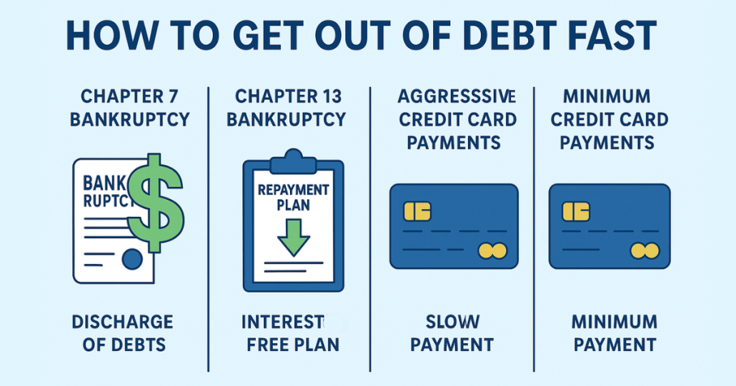 Infographic showing four debt payoff options: Chapter 7 bankruptcy (discharge of debts), Chapter 13 bankruptcy (interest-free plan), aggressive credit card payments (slow payoff), and minimum credit card payments (long payoff).