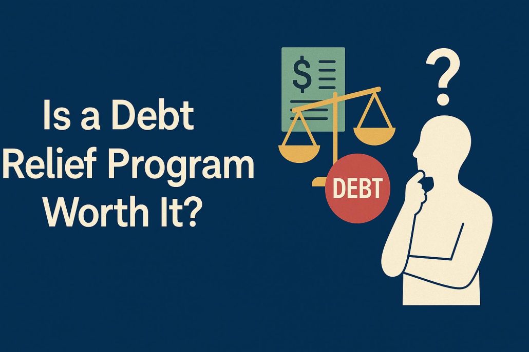 Illustration of a person questioning whether a debt relief program is worth it, with icons of debt, scales, and financial paperwork.