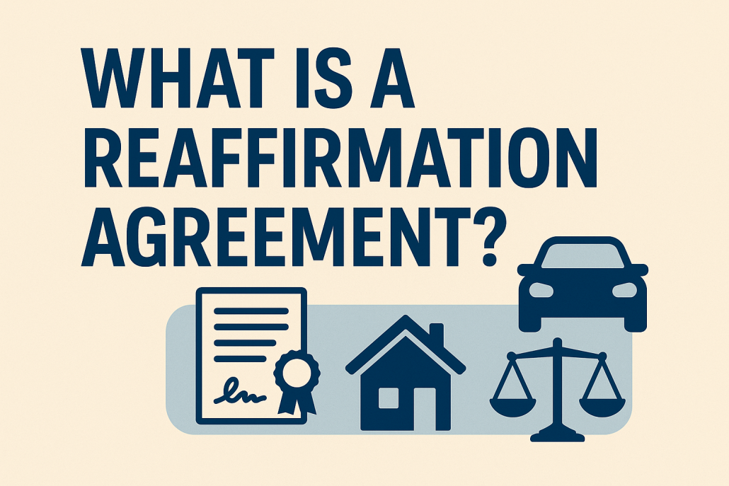Graphic with the text 'What Is a Reaffirmation Agreement?' above icons of a signed document, house, car, and legal scales, symbolizing debts tied to property.