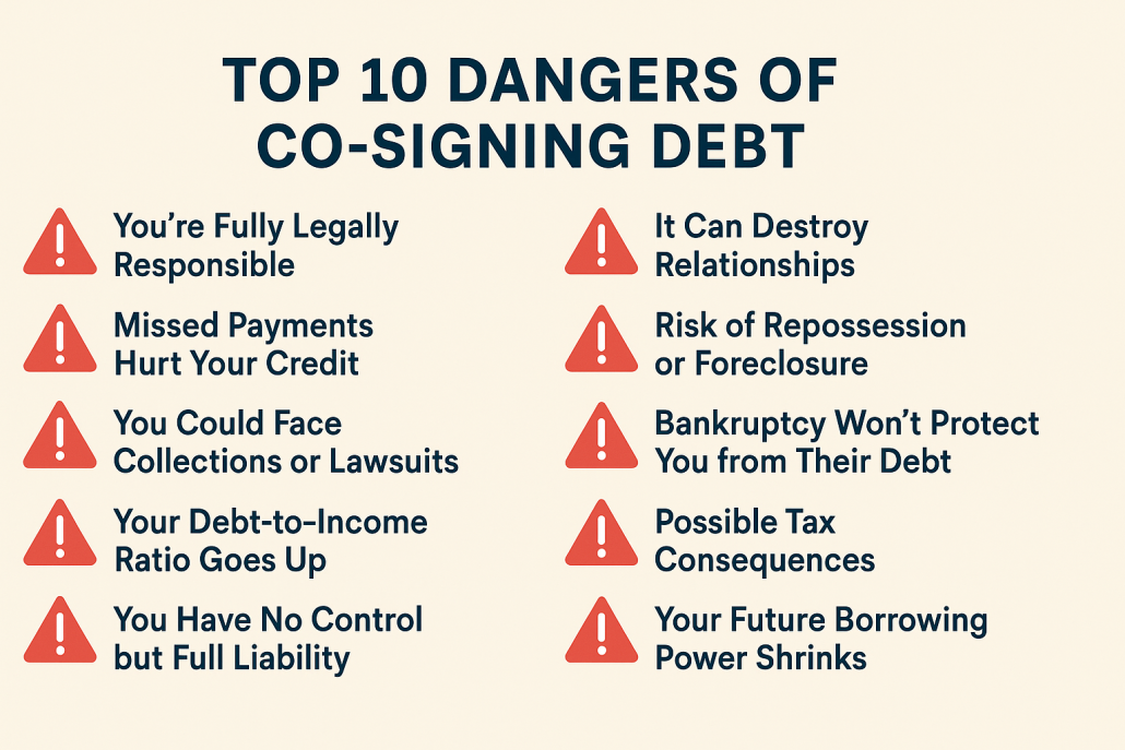 Horizontal infographic listing the top 10 dangers of co-signing debt with red warning icons and bold navy text on a beige background.