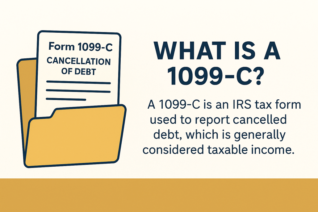 Horizontal infographic with a yellow folder containing a paper labeled “Form 1099-C Cancellation of Debt” on the left, and large bold text on the right that reads “What Is a 1099-C? A 1099-C is an IRS tax form used to report cancelled debt, which is generally considered taxable income.