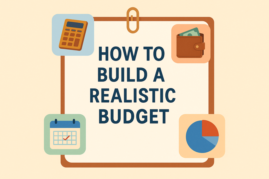 A minimalist notepad graphic with the title “How to Build a Realistic Budget,” surrounded by icons of a calculator, wallet, calendar, and pie chart.