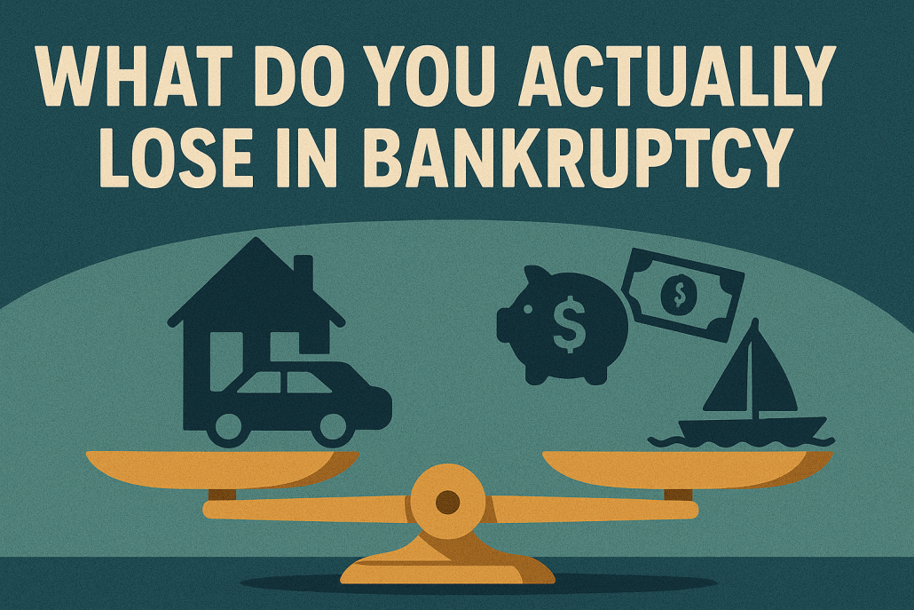 Horizontal illustration with bold cream text asking “What Do You Actually Lose in Bankruptcy?” above a golden balance scale. Left pan holds a house and car; right pan holds a piggy bank, dollar bill, and sailboat.