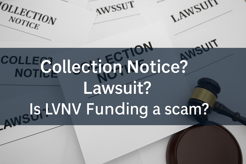 Horizontal image showing multiple collection notices and lawsuit papers scattered on a desk, with a wooden gavel and text overlay reading “Collection Notice? Lawsuit? Is LVNV Funding a scam?”