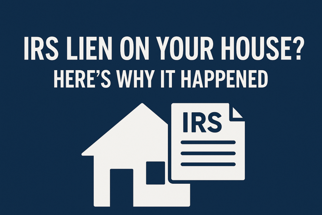 Horizontal dark blue image with bold white text: “IRS Lien on Your House? Here’s Why It Happened.” A white house icon and IRS document graphic sit on the right side for emphasis to help answer the question: Why did the IRS put a tax lien on my house?
