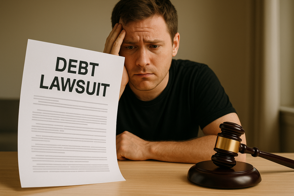Worried man sitting at a table with a debt lawsuit document and judge’s gavel, symbolizing the stress of the worries if you ignore a debt lawsuit.