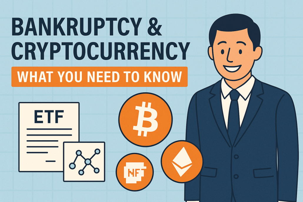 Smiling man in a suit with cryptocurrency icons and ETF graphics under the headline 'Bankruptcy & Cryptocurrency: What You Need to Know.' Image representing that there is good information about how to handle your cryptocurrency in bankruptcy.