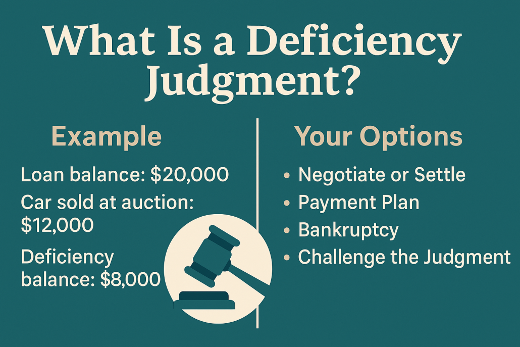 “What Is a Deficiency Judgment?” with teal background. Left side shows example loan balance of $20,000, car sold at $12,000, leaving an $8,000 deficiency balance. Right side lists options: Negotiate or Settle, Payment Plan, Bankruptcy, Challenge the Judgment.