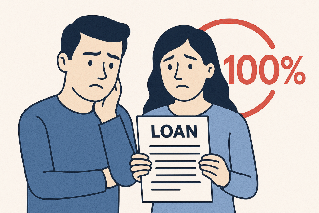 Horizontal illustration of a worried man and woman holding a loan document with a large, bold red “100%” behind them, symbolizing full joint liability.