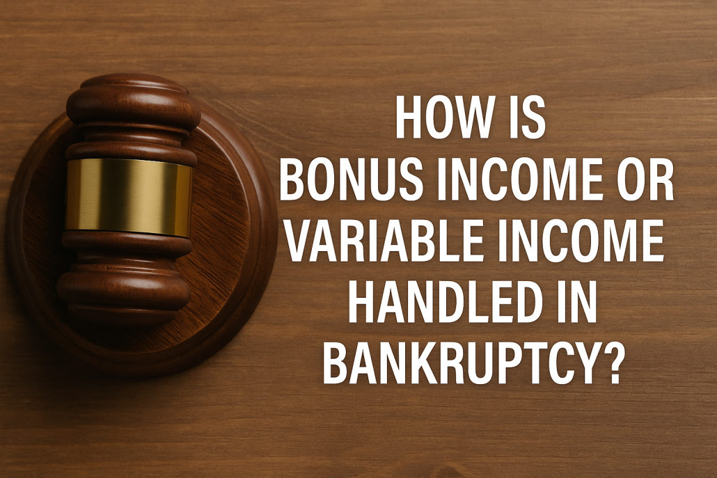 Judge’s gavel on a wooden desk with text asking how bonus or variable income is handled in bankruptcy.