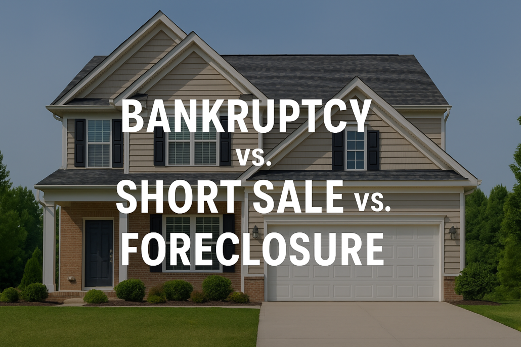 Suburban house with text overlay reading “Bankruptcy vs Short Sale vs Foreclosure.”