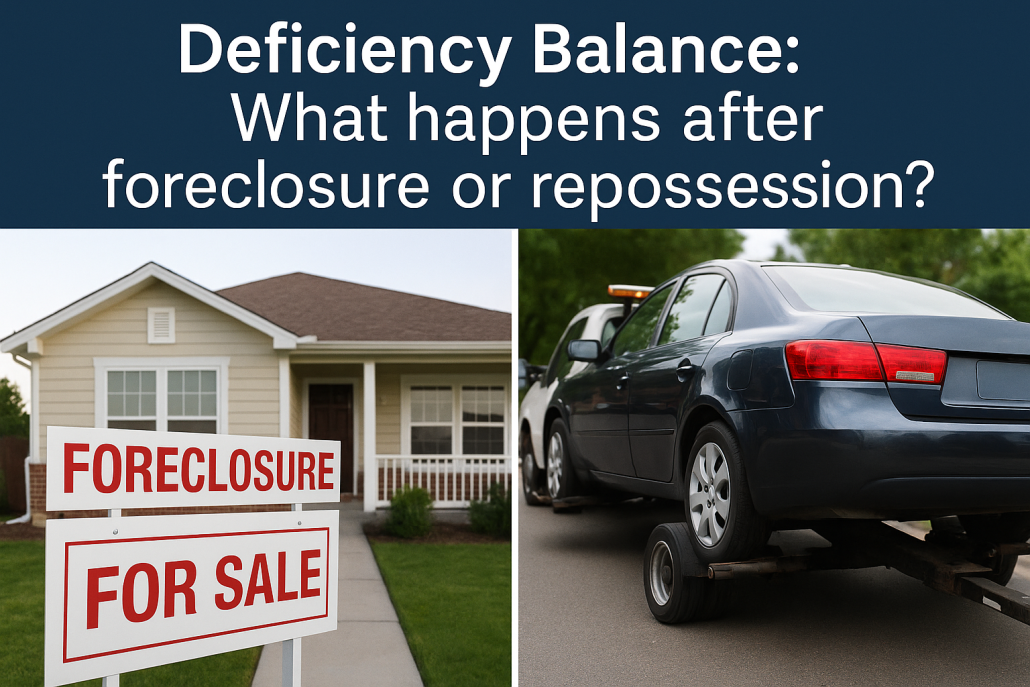 Split image showing a house with a foreclosure sign on the left and a car being towed on the right, illustrating foreclosure and repossession leading to deficiency balances.