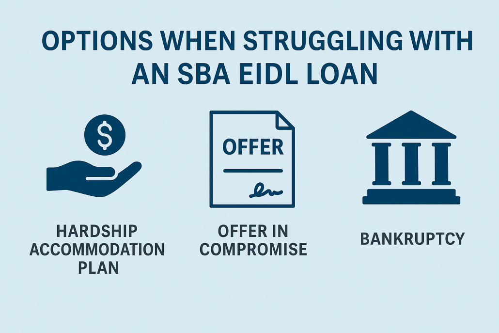 Horizontal graphic showing three icons labeled Hardship Accommodation Plan, Offer in Compromise, and Bankruptcy, under the heading “Options When Struggling With an SBA EIDL Loan.”
