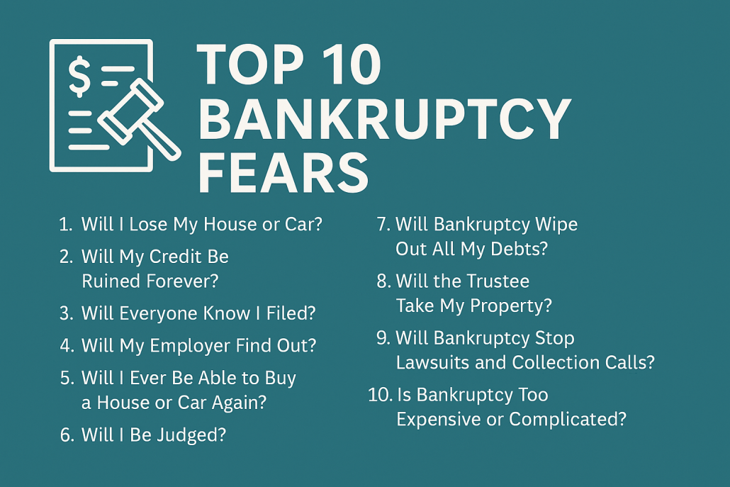 Horizontal infographic listing the top 10 fears about bankruptcy, including worries about losing a house or car, credit damage, and whether bankruptcy is too expensive or complicated.