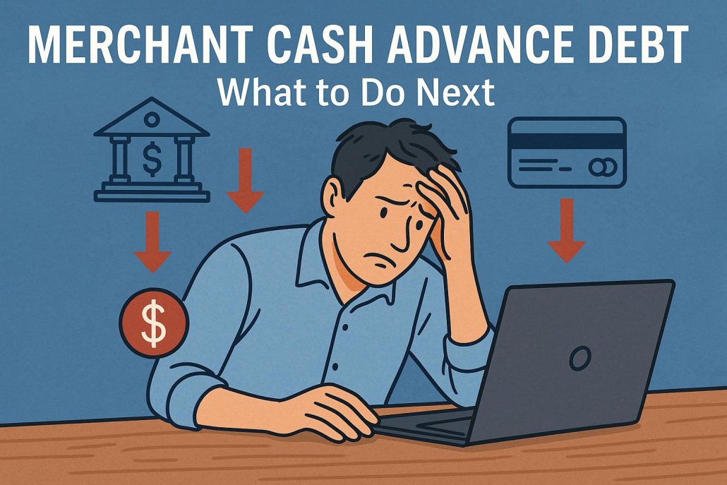 Illustration of a stressed business owner sitting at a desk with one hand on his forehead, looking at a laptop. Red arrows and icons of a bank, credit card, and dollar symbol show money being drained. Text reads "Merchant Cash Advances: What to Do Next."