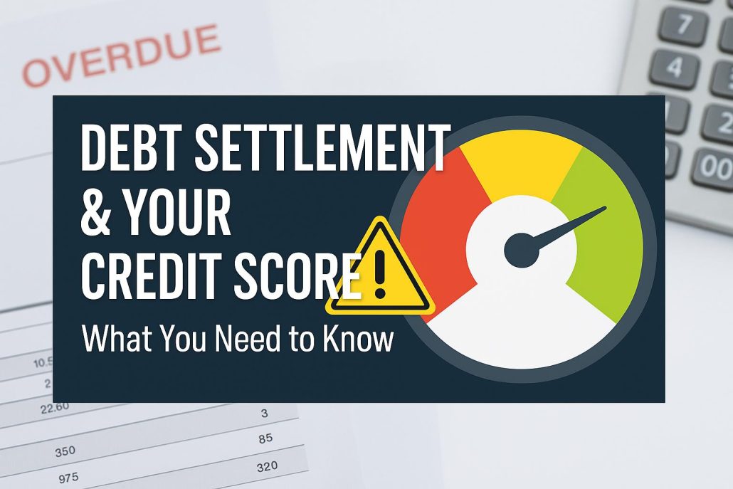 Credit score gauge in red with warning sign, over background of overdue bills — illustrating the risks of debt settlement on credit scores.