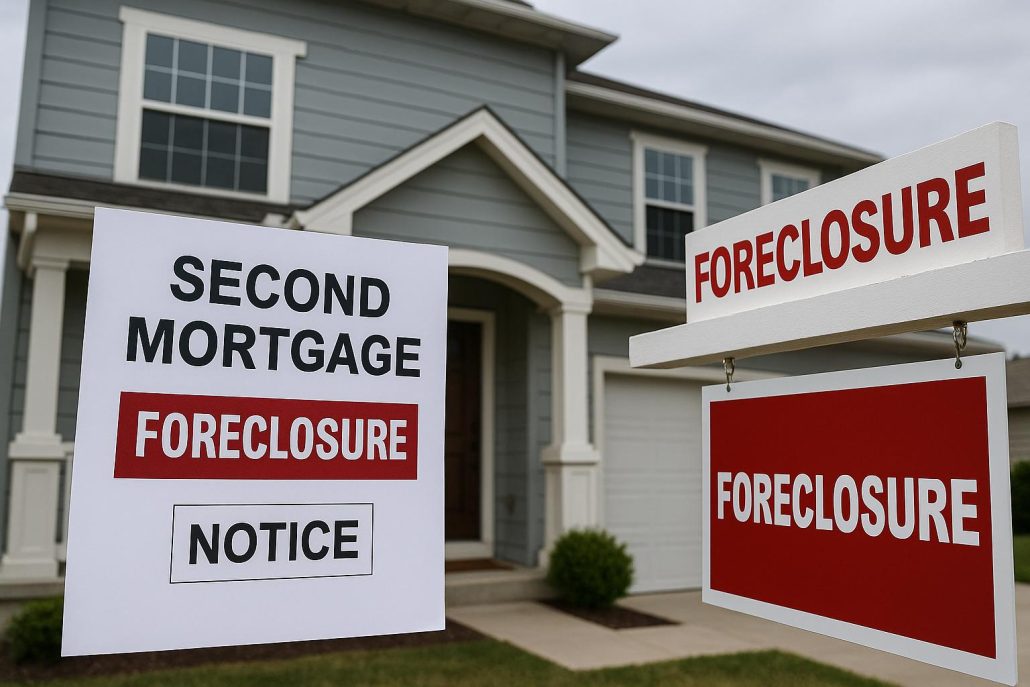 Two-story gray house with a red foreclosure sign and a paper notice reading “Second Mortgage Foreclosure” in the foreground.