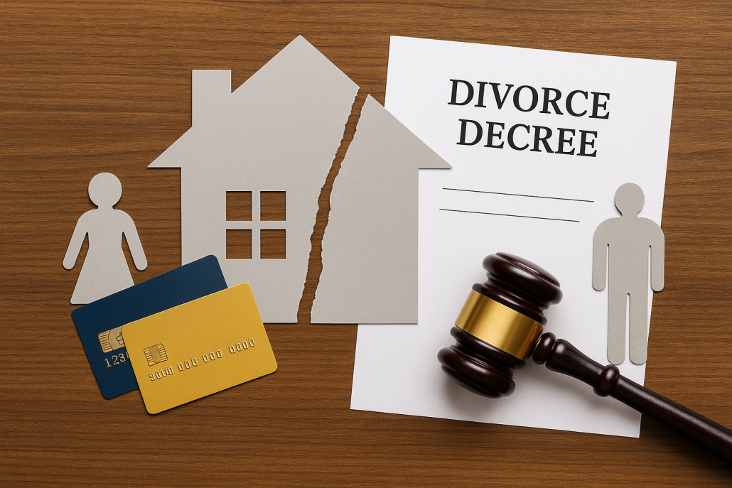 Torn paper house between credit cards, gavel, and divorce decree representing financial separation and debt after divorce.