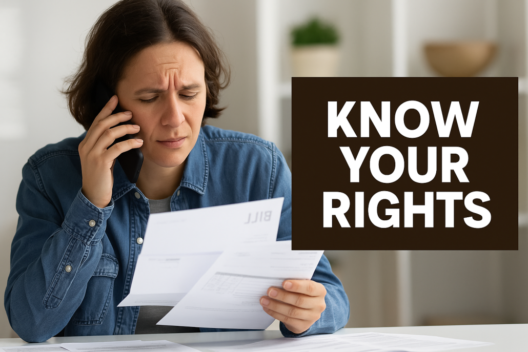 Person on the phone reviewing bills with text “Know Your Rights.”