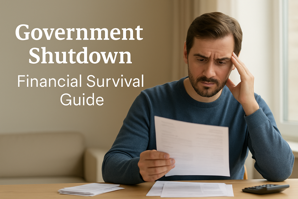 Federal employee reviewing bills during government shutdown with text “Government Shutdown Financial Survival Guide.”