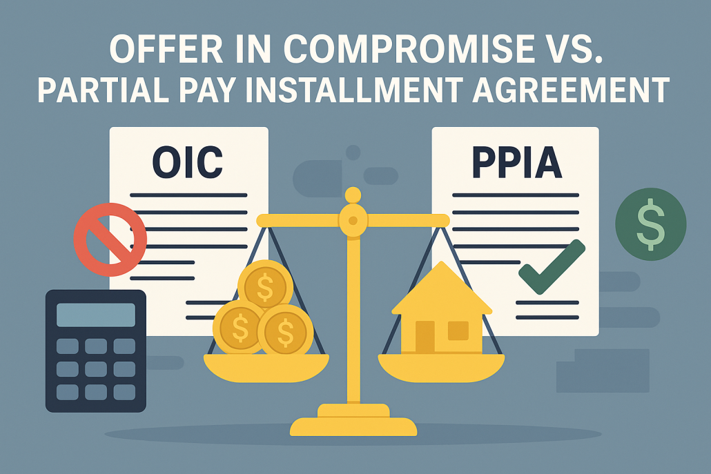 Illustration comparing Offers in Compromise and Partial Pay Installment Agreements, showing balance scales with coins and a house, symbolizing tax relief options.