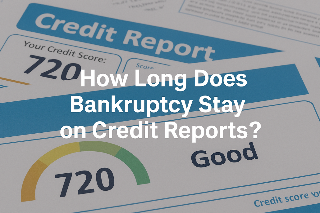 Credit report background showing a 720 credit score with the text “How Long Does Bankruptcy Stay on Credit Reports?” displayed across the image.