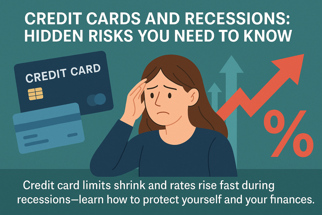 Illustration of a stressed Virginia consumer surrounded by shrinking credit cards and rising interest rate arrows, symbolizing tightening credit during a recession.