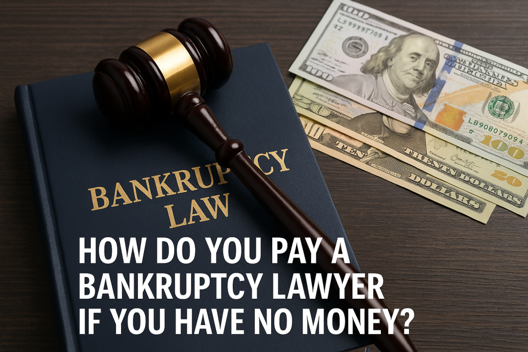 Horizontal image of a gavel resting on a navy blue "Bankruptcy Law" book, with U.S. cash in the background and bold white text reading “How do you pay a bankruptcy lawyer if you have no money?”