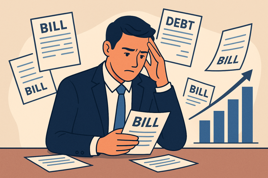 Illustration of a professional man in a suit surrounded by rising bills and a debt chart, showing how high-income earners can still struggle with overwhelming debt.