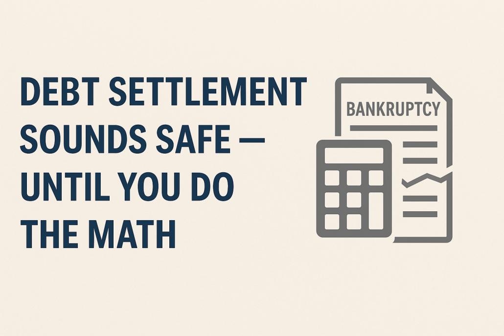 Horizontal graphic showing a calculator and bankruptcy document icon with the text “Debt settlement sounds safe — until you do the math,” illustrating the hidden financial risks of debt settlement programs.