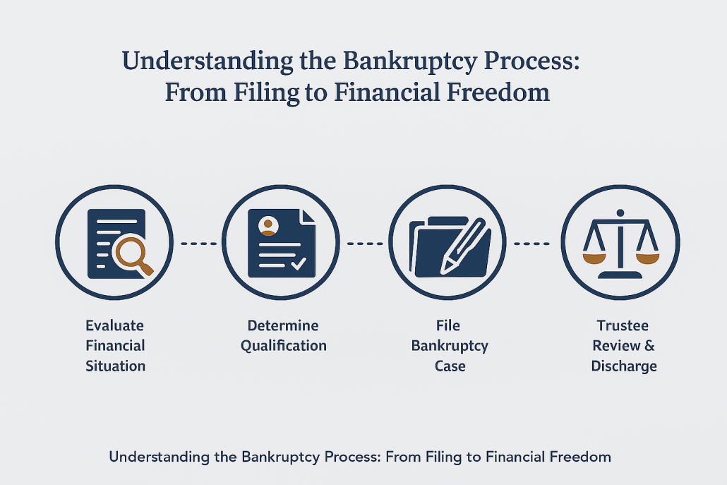 Horizontal infographic showing the key steps of the bankruptcy process to break down how bankruptcy works—evaluation, qualification, filing, and trustee review—with clean icons in navy and gold.