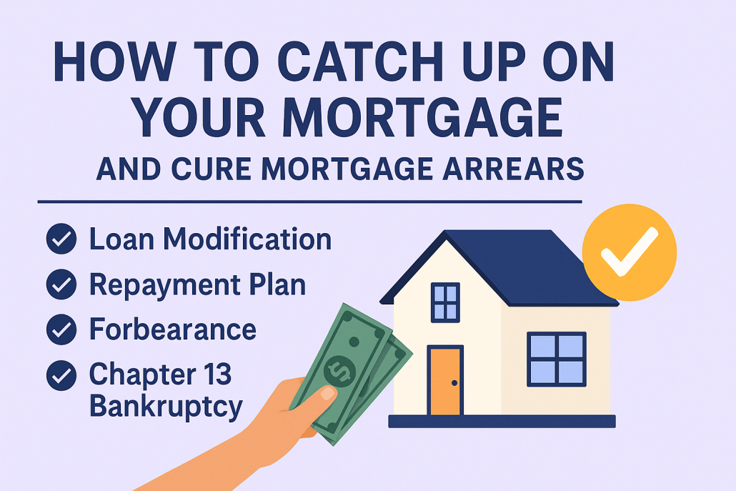 Informational graphic titled “How to Catch Up on Your Mortgage” showing a list of options—loan modification, repayment plan, forbearance, and Chapter 13 bankruptcy—next to an illustrated house, a hand holding money, and a checkmark icon. This list the most common ways to get caught up on your mortgage after getting behind.