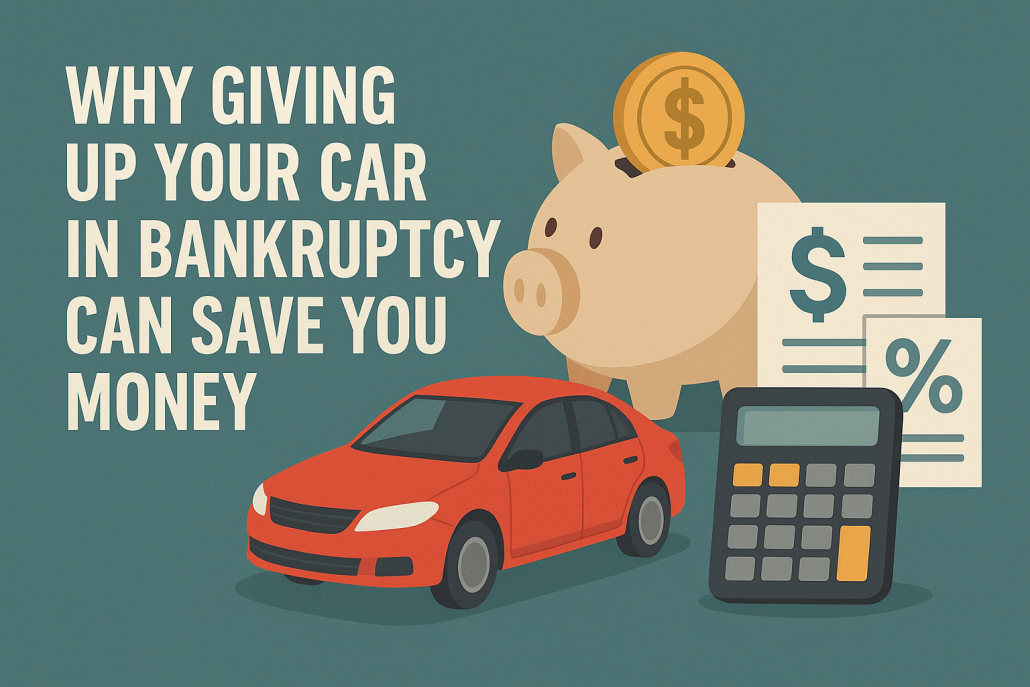 Illustration of a red car, piggy bank, calculator, and financial documents with the text ‘Why Giving Up Your Car in Bankruptcy Can Save You Money’ on a teal background.