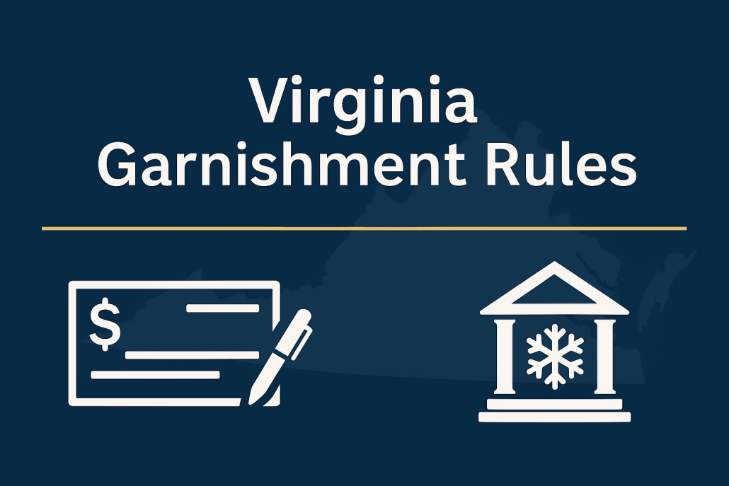 Virginia wage and bank garnishment concept showing paycheck and frozen bank account icons on a clean navy and gold background. The image is suppose to reference what income is garnishable in Virginia.