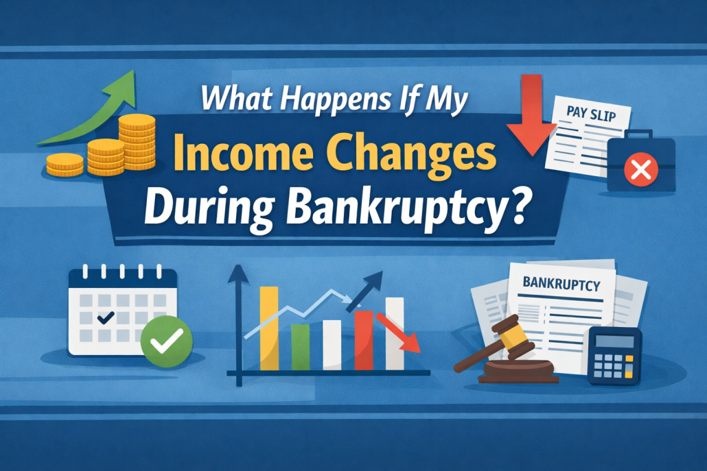 Horizontal graphic reading “What Happens If My Income Changes During Bankruptcy?” with icons showing rising and falling income, charts, and bankruptcy documents.