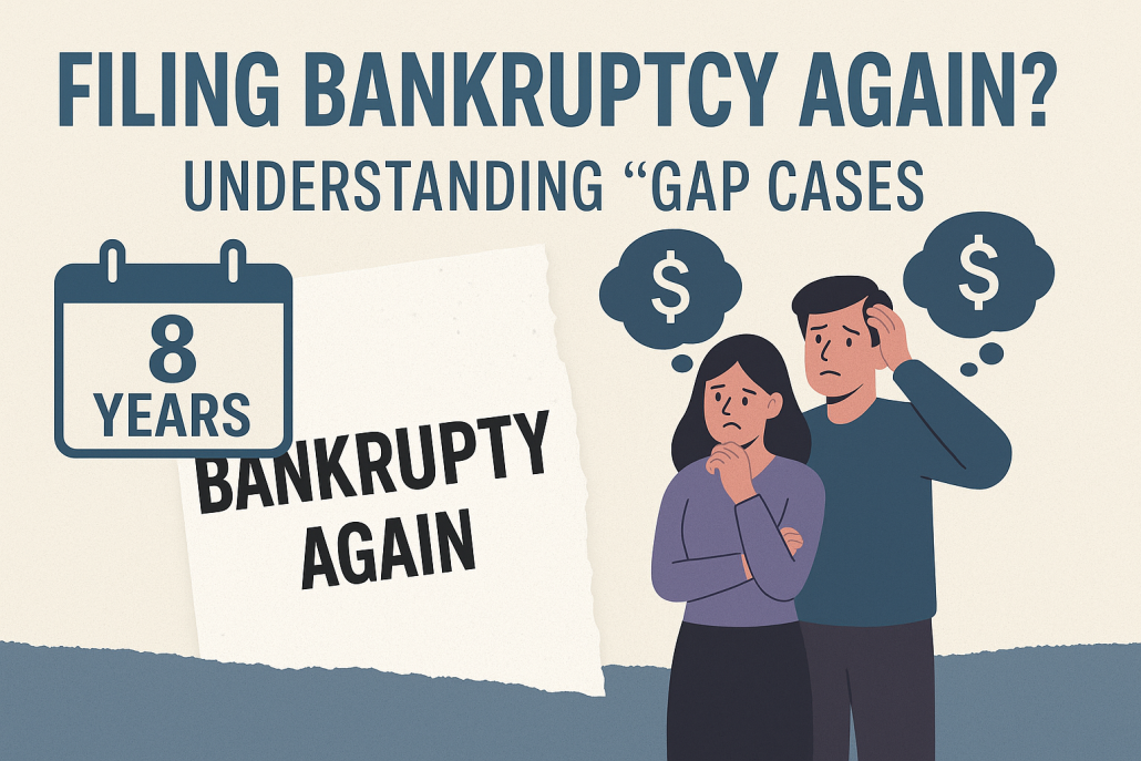 Horizontal graphic with the headline “Filing Bankruptcy Again? Understanding Gap Cases,” featuring a torn paper labeled “Bankruptcy Again,” an “8 Years” calendar icon, and an illustration of a worried couple with dollar-sign thought bubbles. There are various reasons why to file bankruptcy again, you just need to be strategic.