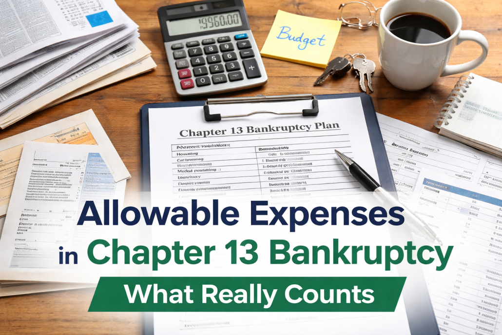 Chapter 13 bankruptcy paperwork on a desk showing a budget worksheet, calculator, and bills representing allowable expenses in Chapter 13 bankruptcy