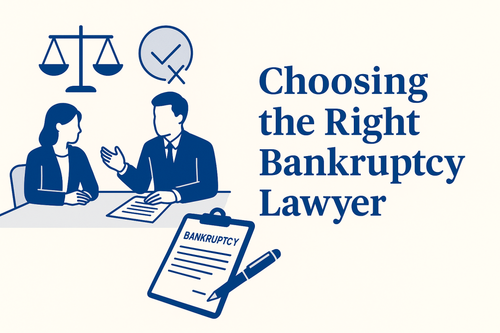 A clean horizontal illustration of a client meeting with a bankruptcy lawyer, featuring legal icons and a bankruptcy document, representing how to choose the best bankruptcy lawyer.