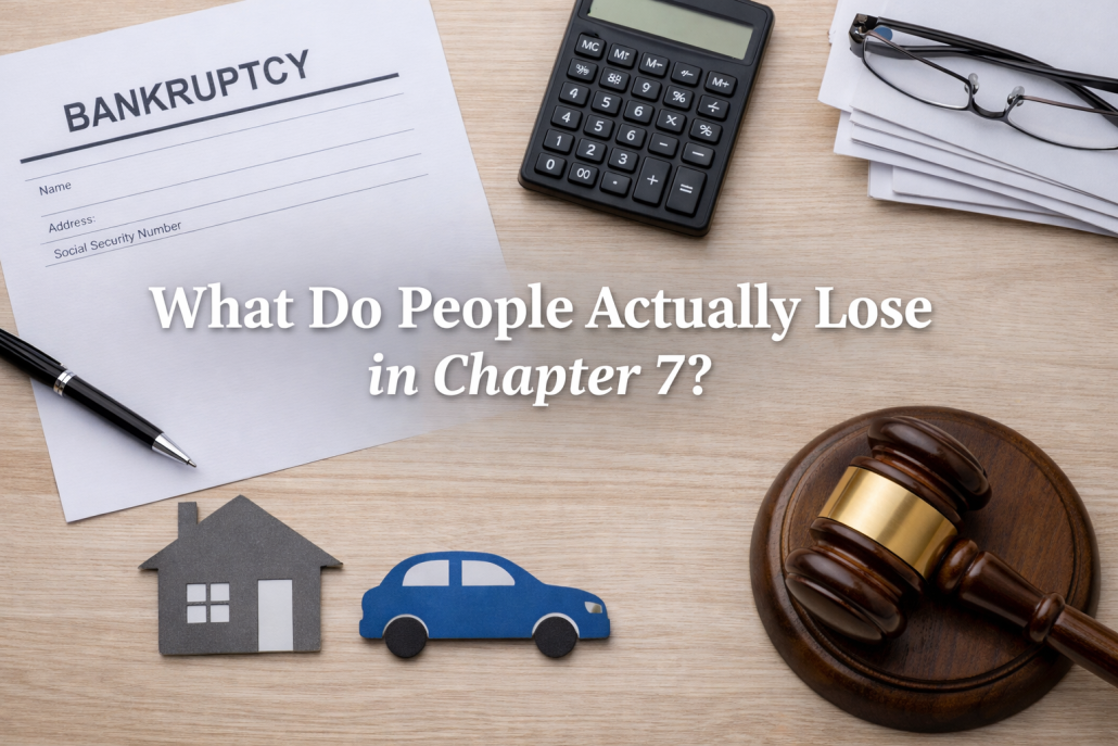 What do people actually lose in Chapter 7 bankruptcy, shown with financial documents, a calculator, home and car icons, and legal paperwork.