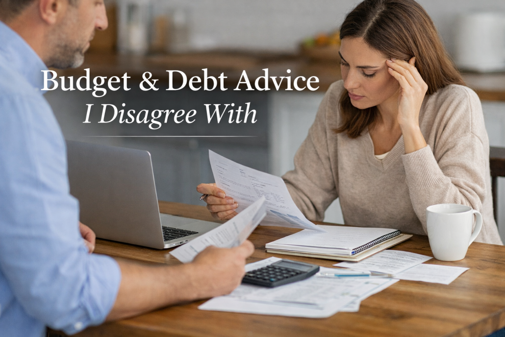 Couple reviewing household budget and financial paperwork at a kitchen table with text overlay that states: Budget and debt advise I disagree with