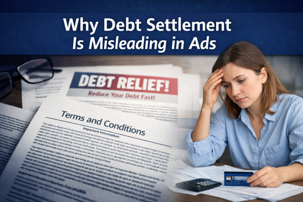 Illustration representing misleading debt settlement ads and hidden fine print for consumers in Virginia